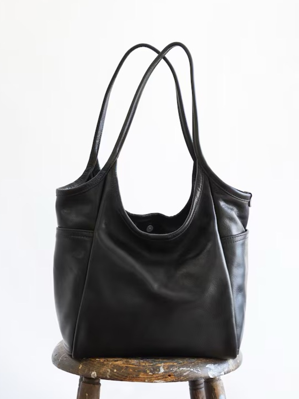 Rough & Tumble || Minimal Tote Large Slouchy Tumbled Leather Shoulder Bag Black